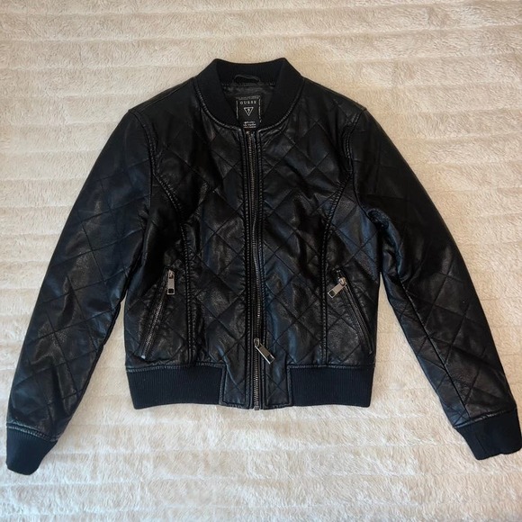 GUESS Faux Leather Quilted Bomber Jacket - Picture 1 of 12